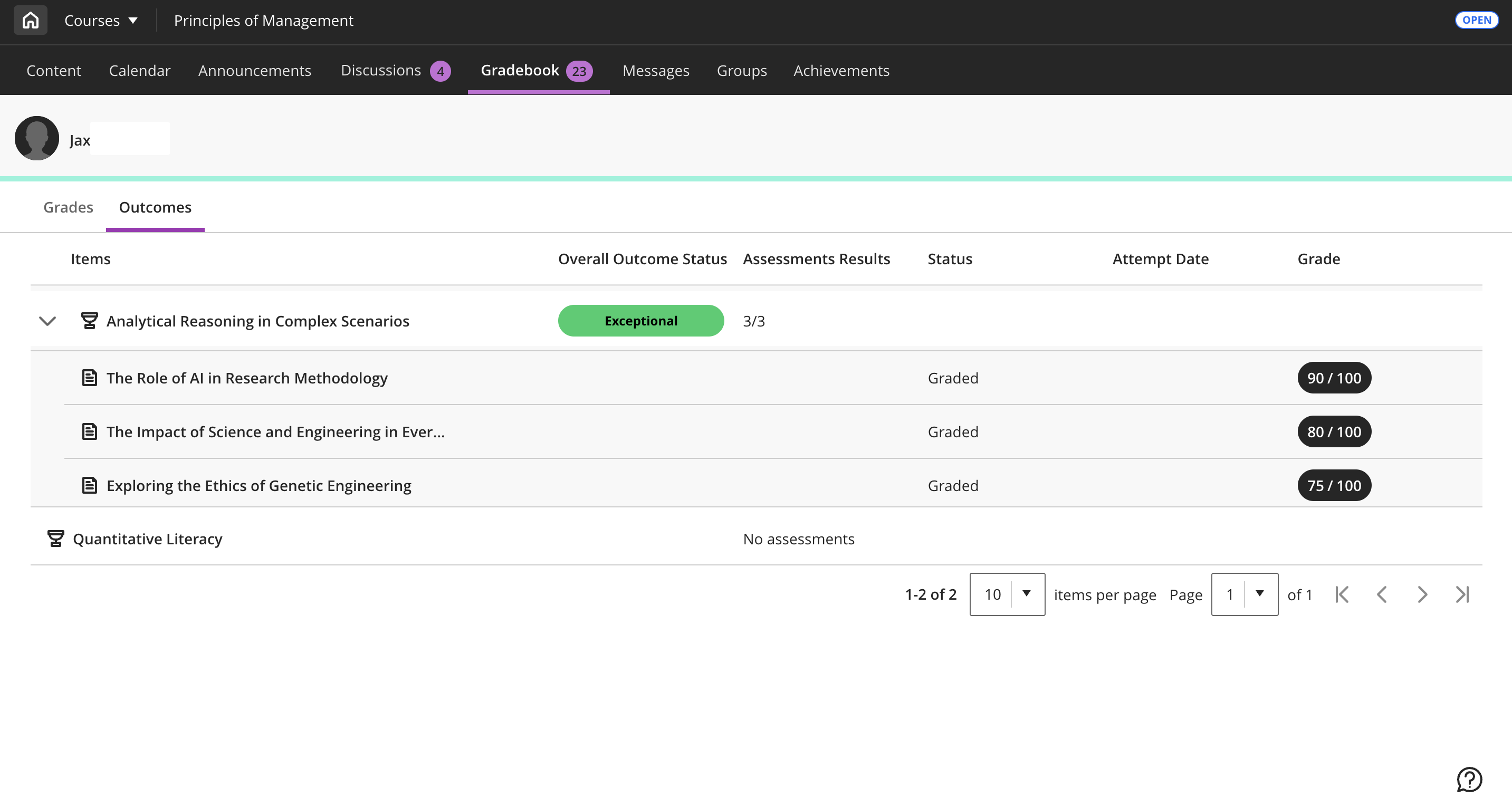 The Outcomes tab in the Gradebook has a grid structure with information such as the outcome name, overall outcome status, assessment results, status, attempt date, and grade.