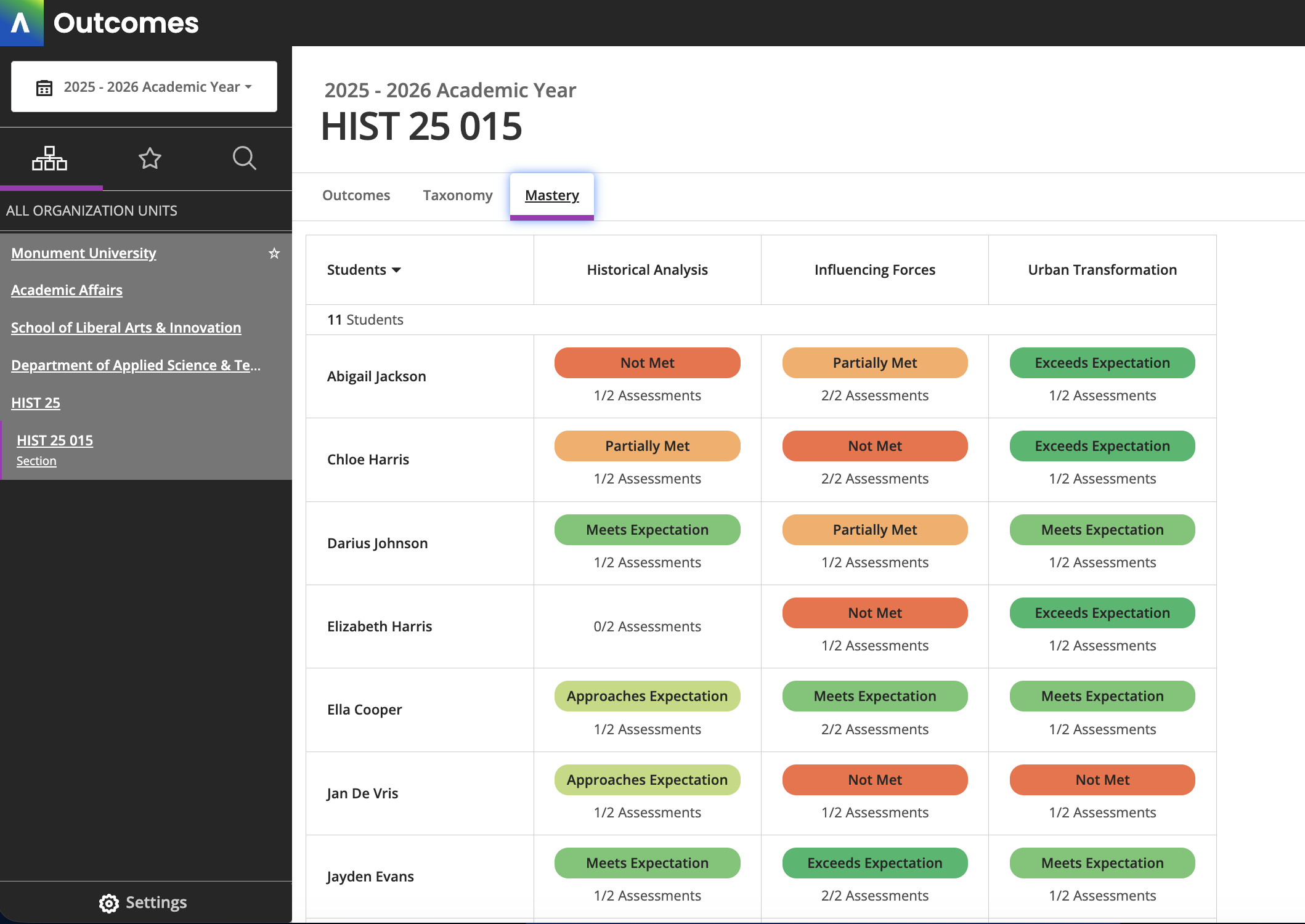 View of Course Section Student Mastery