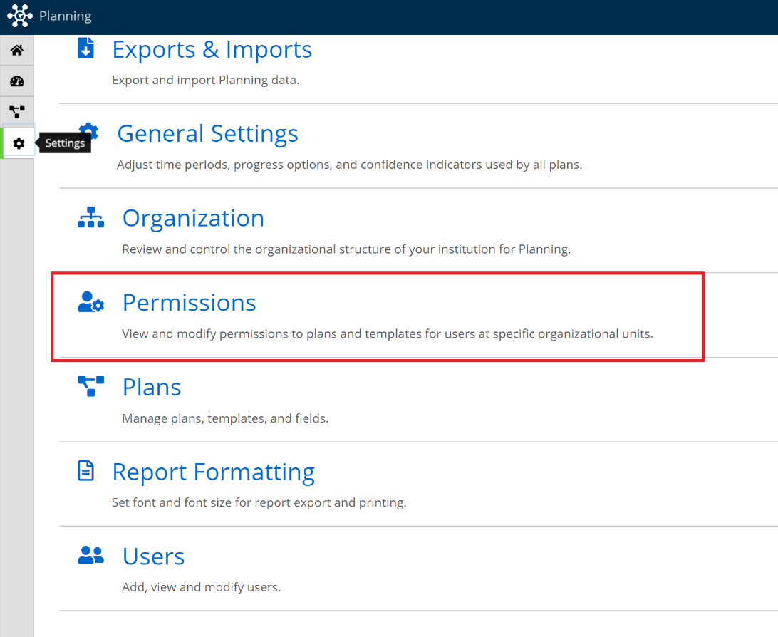 The Planning navigation menu with the Permissions option in a red rectangular callout.